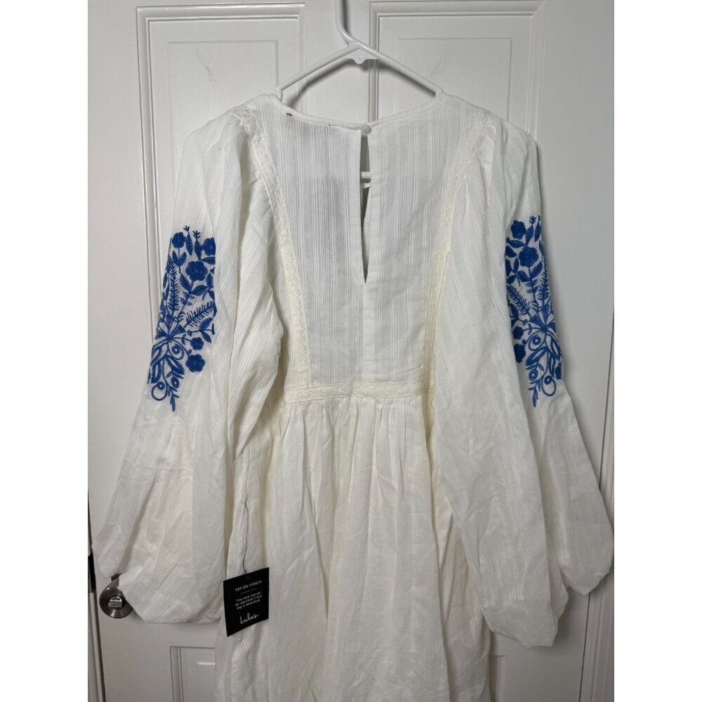 Lulus White & Blue Embroidered Shift Dress Long Puff Sleeve Size Small NWT - Picture 9 of 14